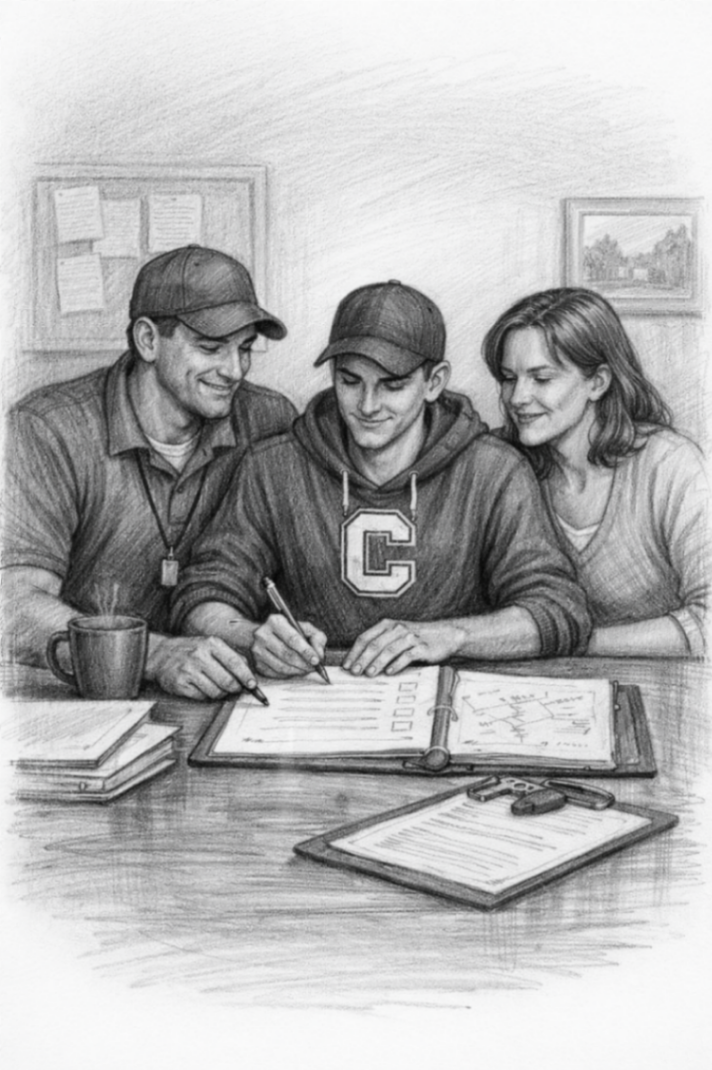 Athlete working through a plan with a coach and parent at a table
