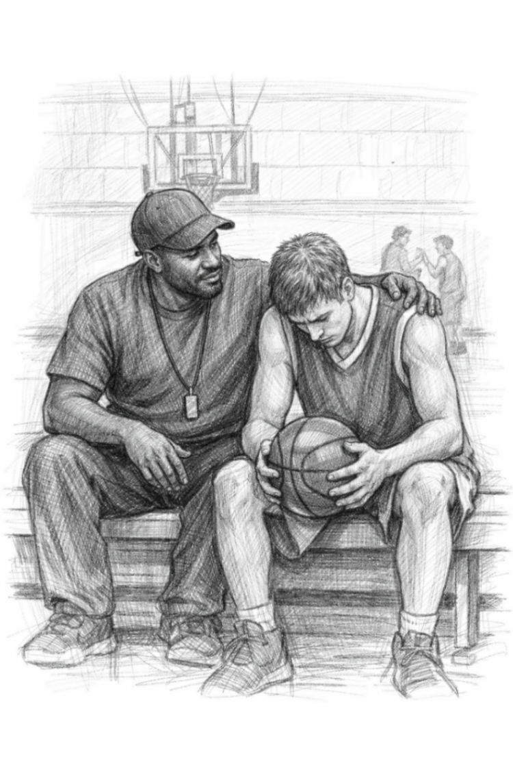 Basketball coach sitting with an athlete after a difficult moment