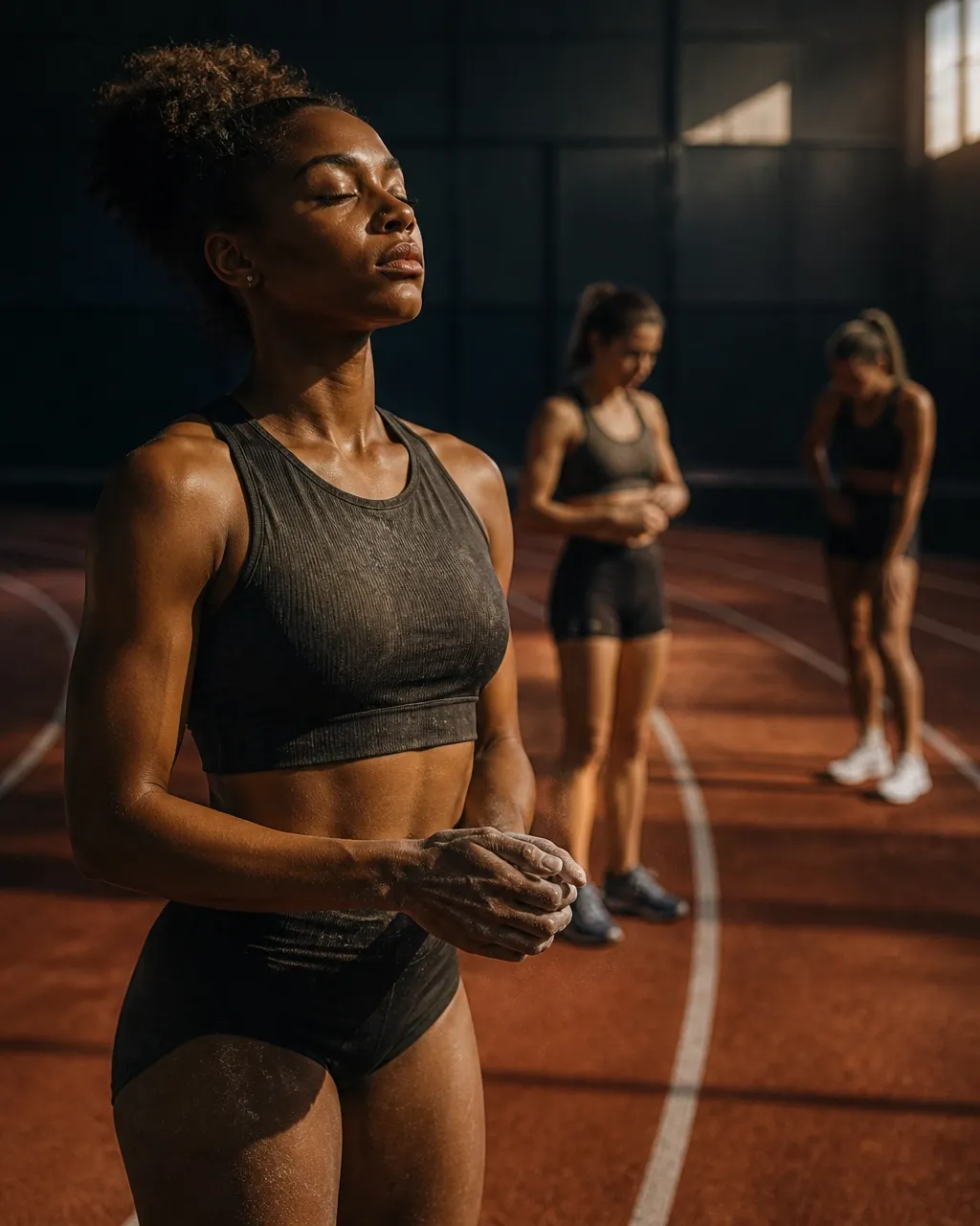Female track athlete taking a focused breath before training