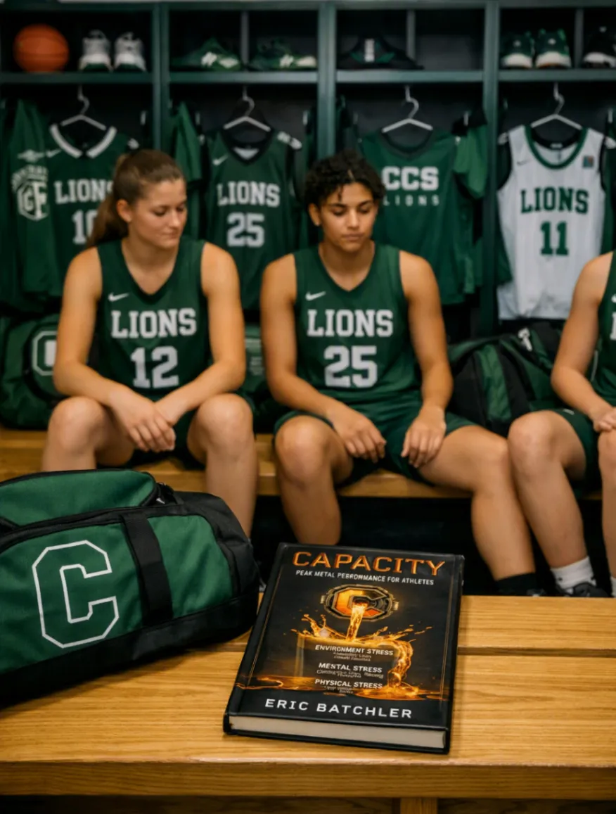 Basketball players sitting together in a locker room with the Capacity book in front