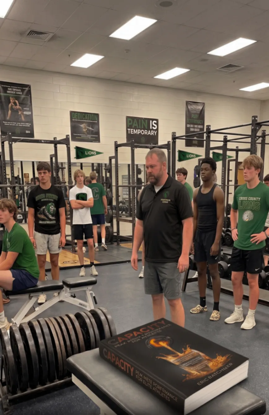 Baseball players gathered with their coach in a weight room